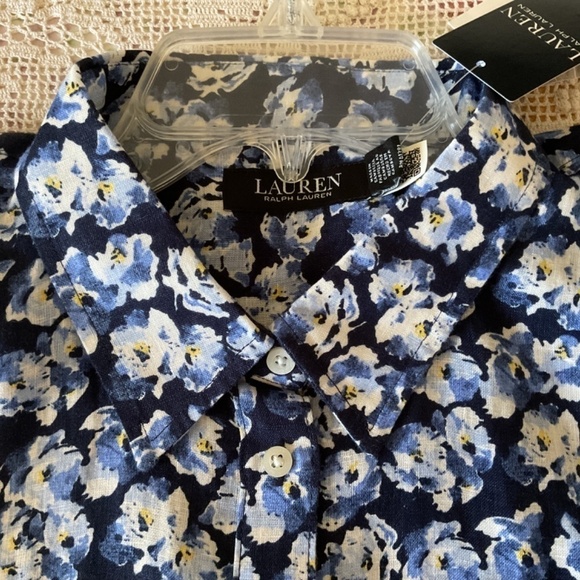 NWT POLO RALPH LAUREN BLUE MULTI FLORAL LINEN CUFFED DOLMAN SLEEVE BUTTON DOWN - Picture 12 of 15
